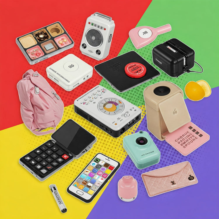 Vibrant gadgets on colourful diagonal red, yellow, blue, green. Mini speaker, pink dryer, black charger, phone stand, camera, pink wallet, flip phone, smartphone, pen, wireless charger, pink backpack, electronic device.
