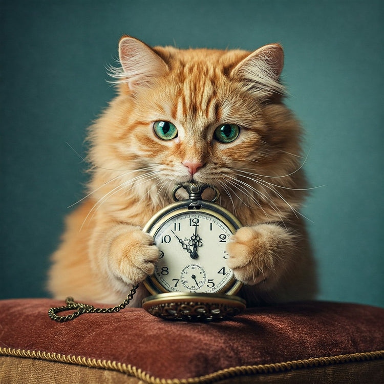 A whimsical image of a fluffy ginger cat, with emerald green eyes, gently holding an antique brass pocket watch with its paws.