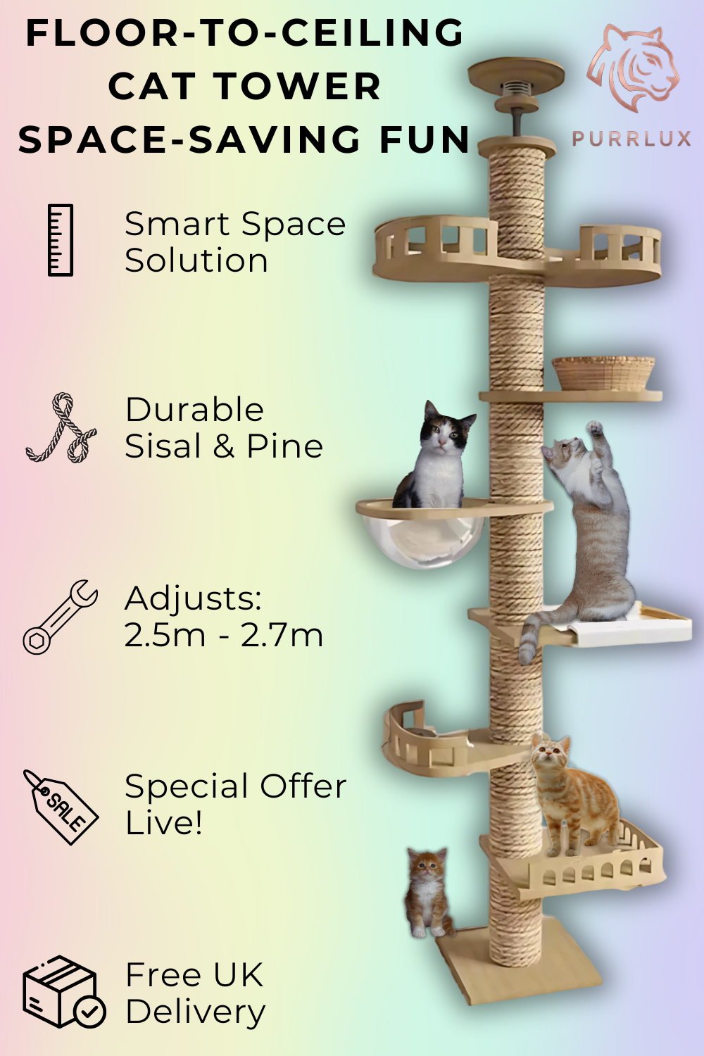 Cat tower with text highlighting features and benefits on a gradient background