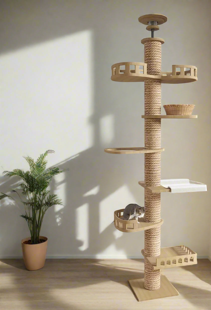 PurrLux Floor-to-Ceiling Cat Tree in a minimalist living room, featuring a grey and white cat comfortably resting on a multi-level shelf in a soft sun glow.