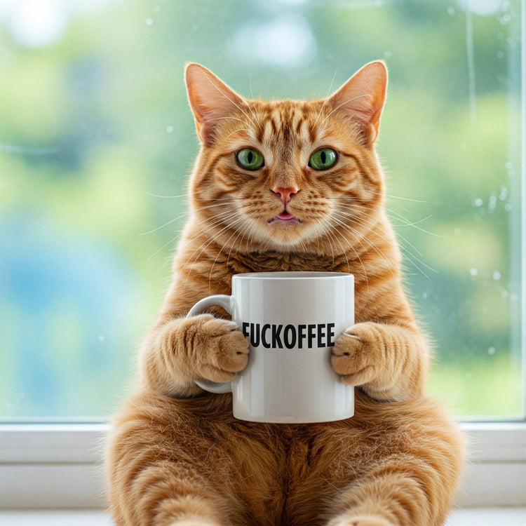 Orange cat holding a white mug of coffee with 'FUCKOFFEE' written on the side