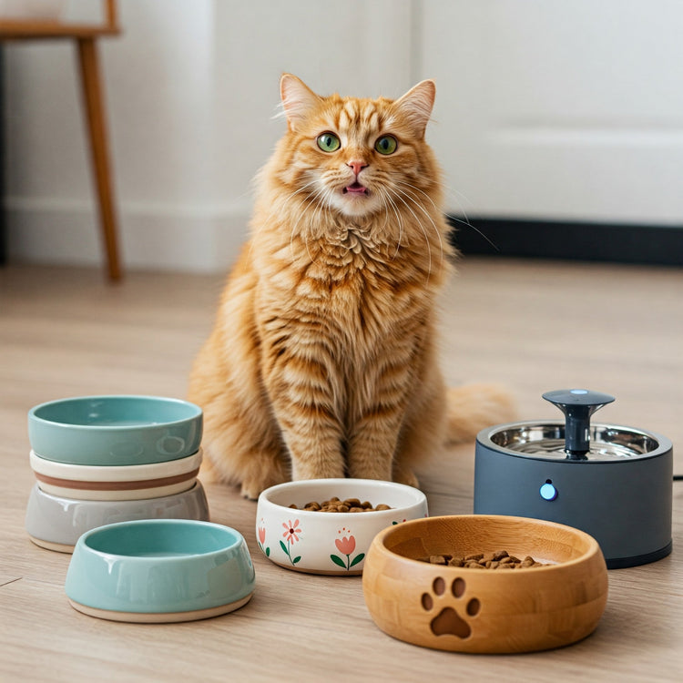 A happy cat enjoys a stylish setup of food and water bowls. The cat's joyful expression highlights the comfort and care provided by modern pet accessories.