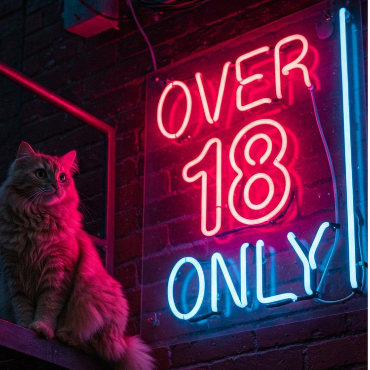 a red and blue neon sign that says 'OVER 18 ONLY' with a cat sitting next to it on some stair rail