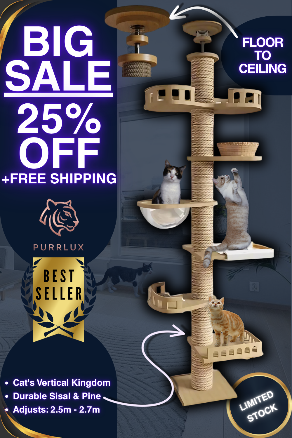 Cat tree with promotional text for sale and free shipping on a dark background