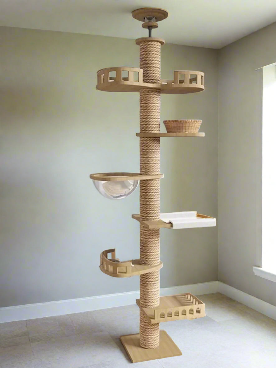 PurrLux Floor-to-Ceiling Cat Tree in a minimalist living room, featuring a multi-level shelf in a soft sun glow.