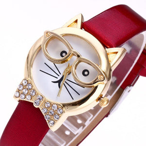 Cute Leather Quartz Cat Watch with glasses