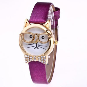 Cute Leather Quartz Cat Watch with glasses